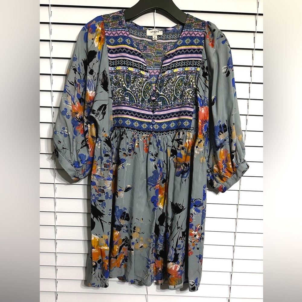 Umgee USA green with multi color floral print boho dress size M